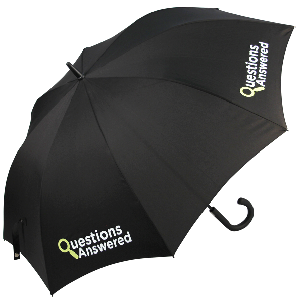 Metro Walking Promotional Umbrella, features automatic opening black 70cms fibreglass ribs with 12mm black fibreglass pole and premium weight polyester canopy. MOQ 25 Corporate Walking Crook Handle Umbrellas.